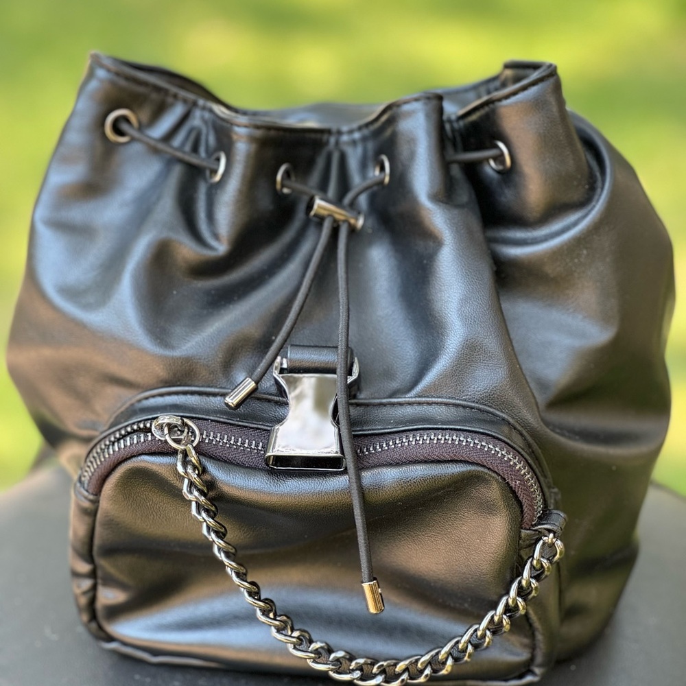 Rachel Roy Black Faux Leather Mini Backpack Purse with Chain